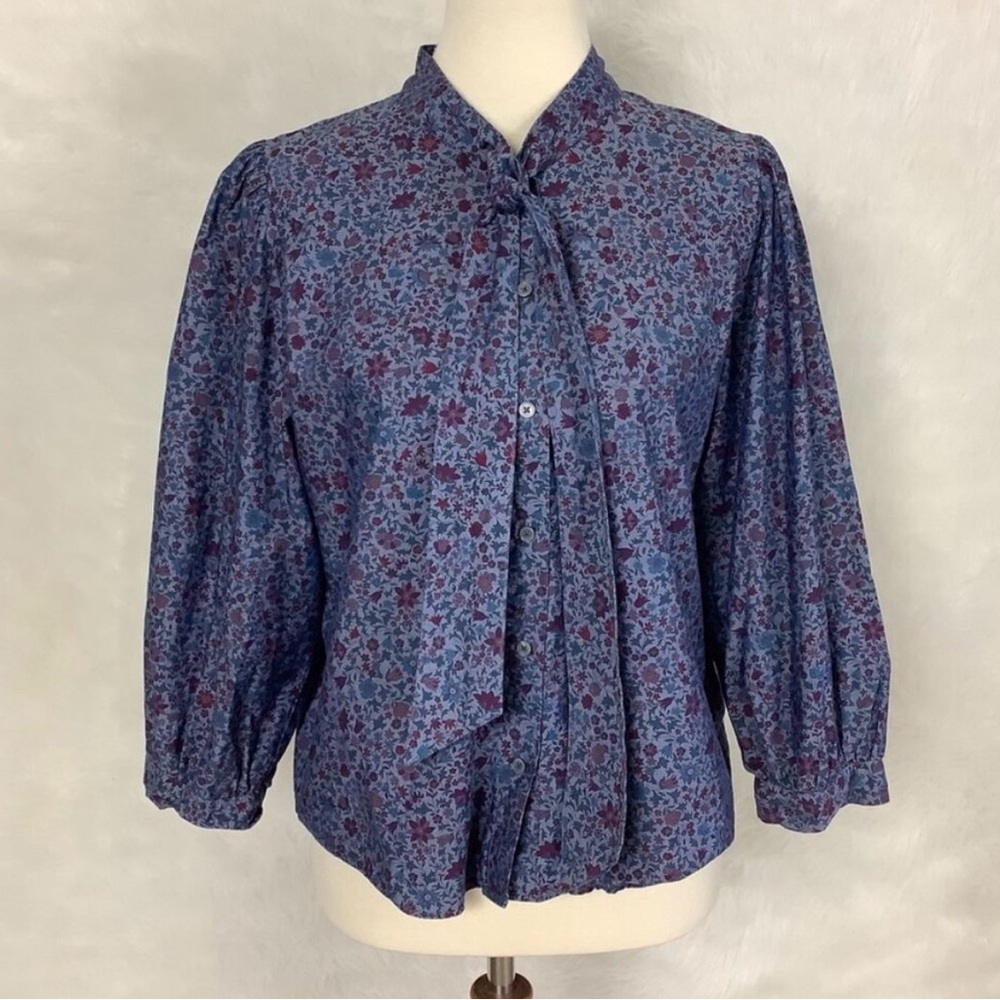 J. Crew Blue Puff Sleeve Blouse with Tie Front